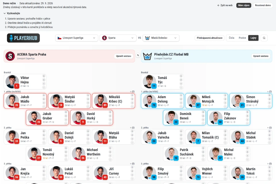 Snímek obrazovky dema PlayerHub